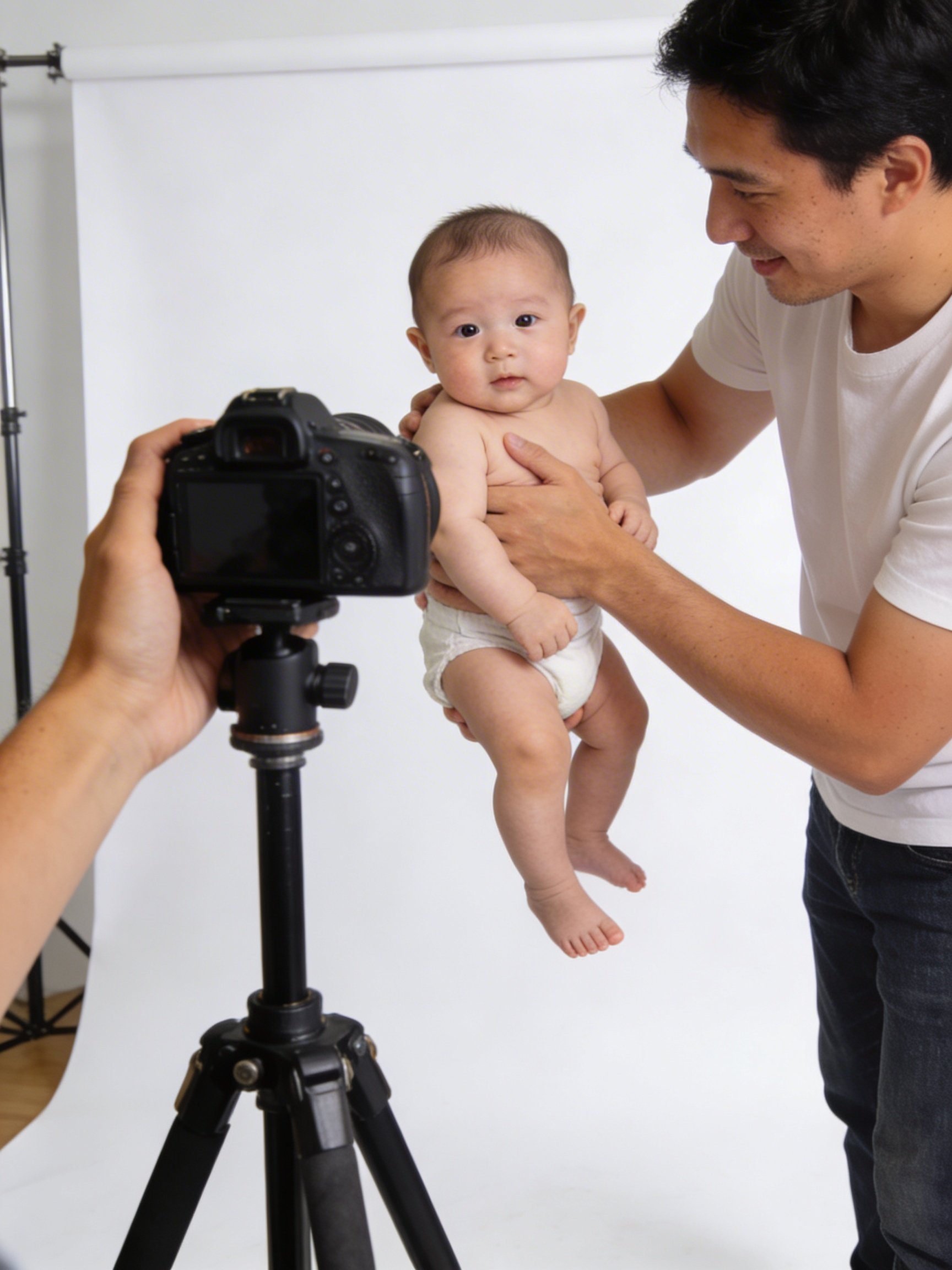 Professioneller Fotograf nimmt Baby-Passfoto mit geeigneter Ausrüstung auf