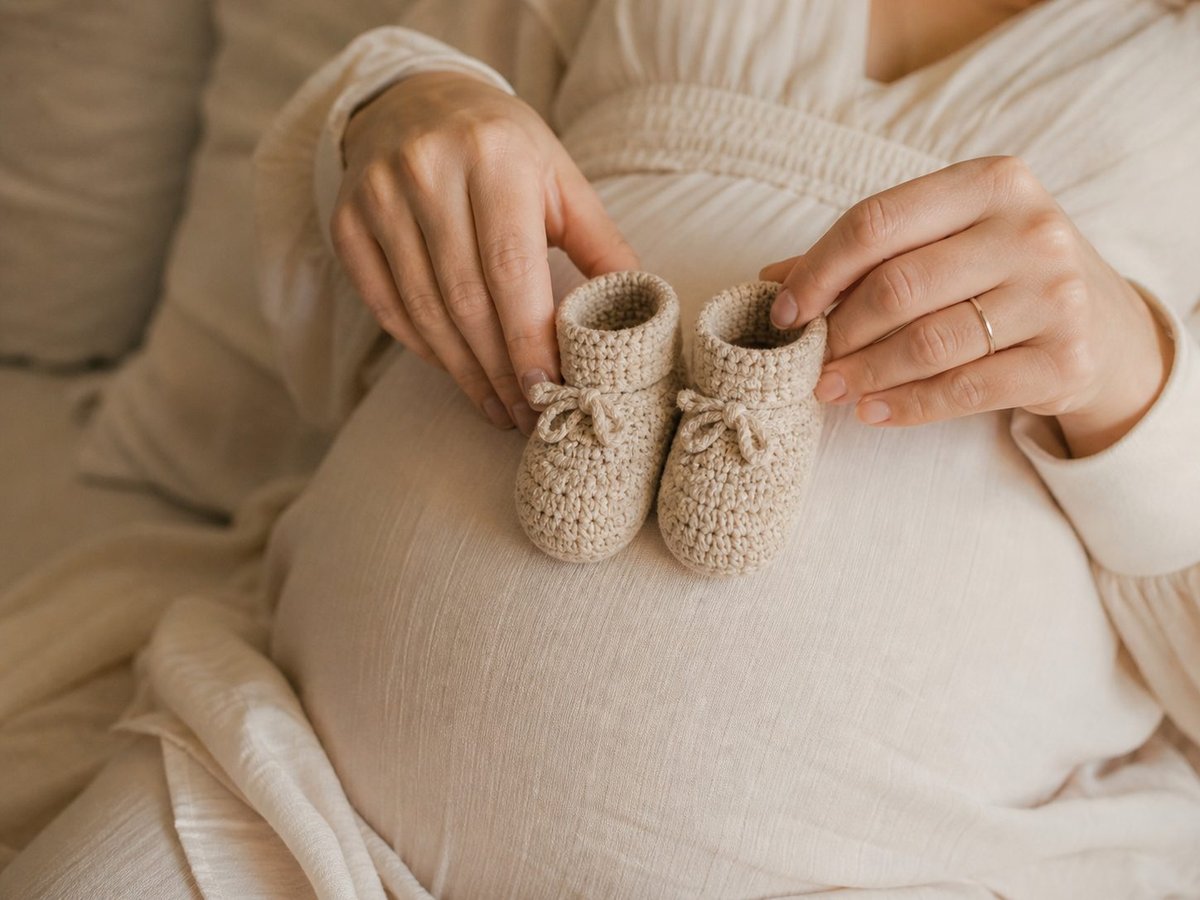 Schwangeres Paar beim Babybauch-Shooting im Freien, Outfits in harmonischen Naturtönen aufeinander abgestimmt