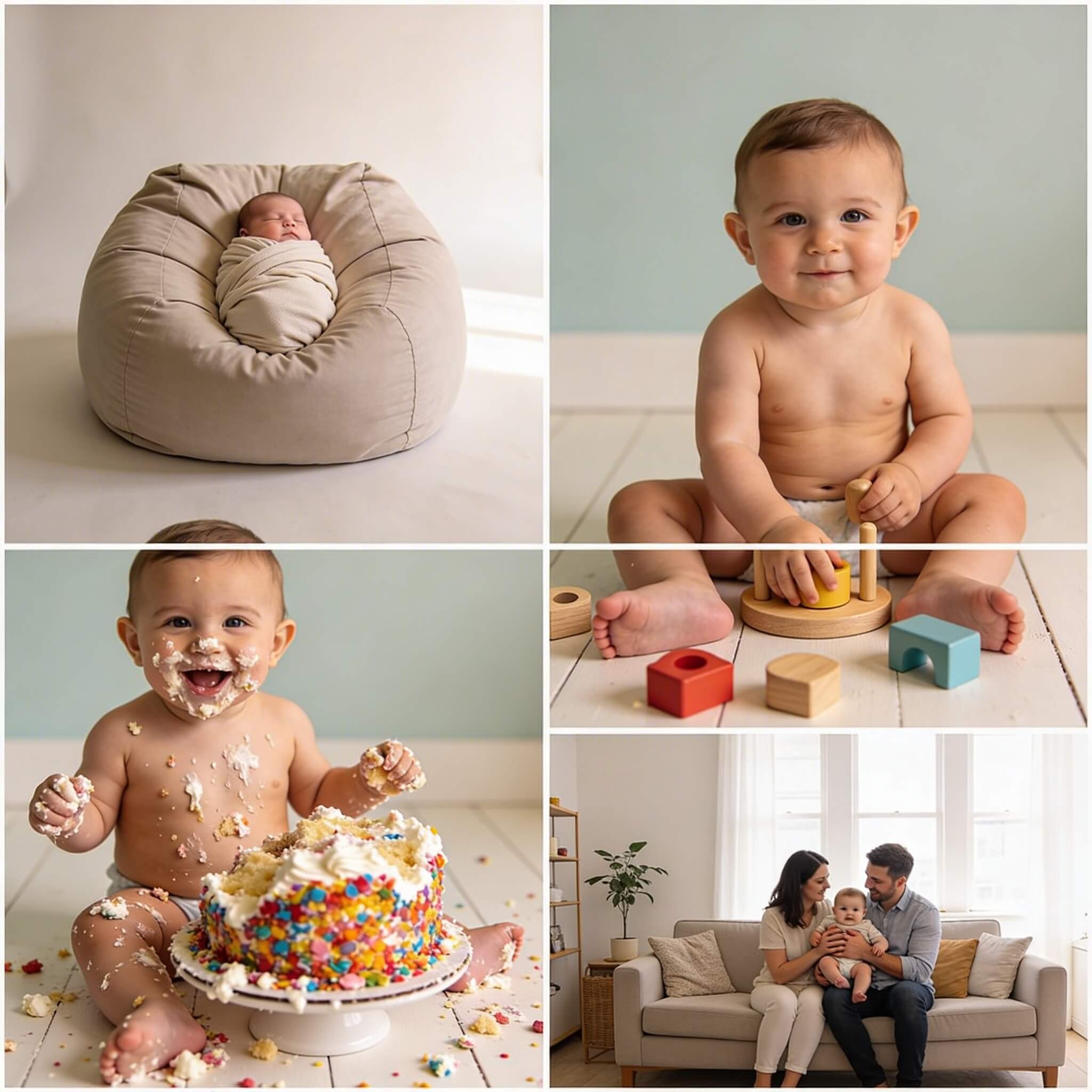Rasterkomposition mit fünf Arten von Babyshooting-Sessions: Neugeborenen-Posing in einem Pouf, sitzendes Baby mit 6 Monaten, Smash the Cake, Spielzeug und Lifestyle-Familien-Session zuhause