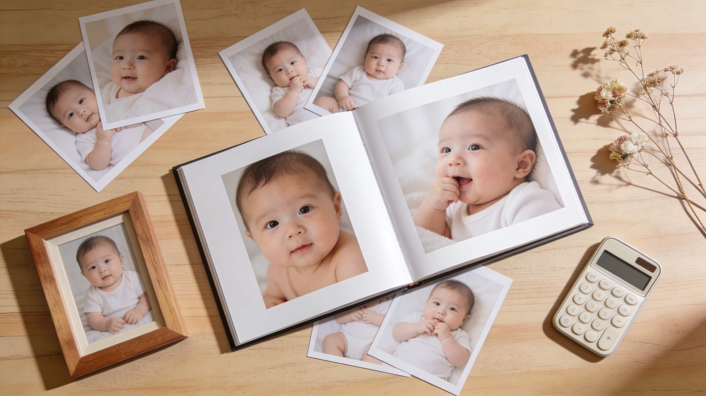 Flat-Lay auf Holztisch mit aufgeklapptem Babyalbum, Fotoabzügen, einem Bilderrahmen und einem Taschenrechner, was das Budget für ein Babyshooting in Deutschland veranschaulicht