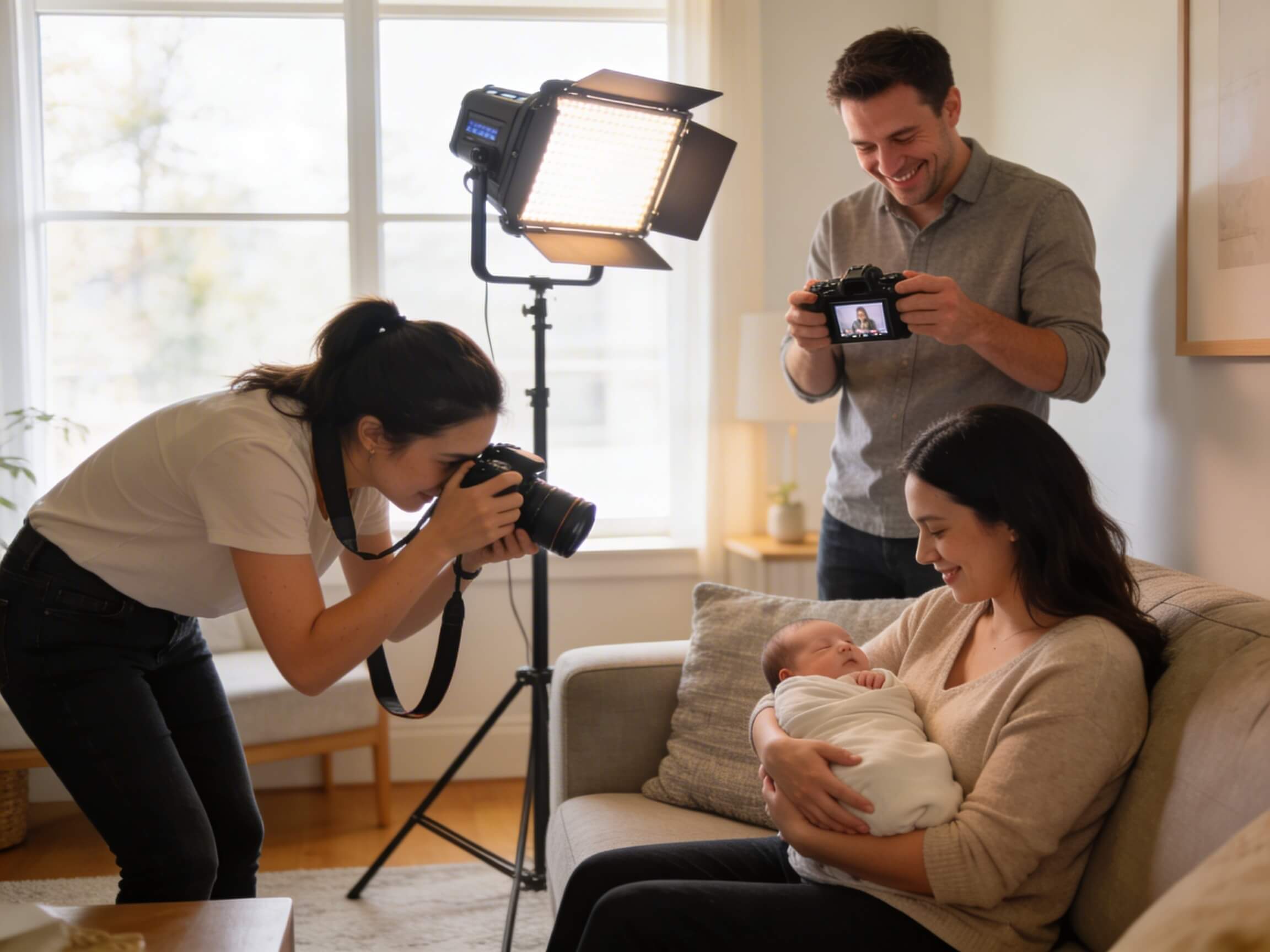 Professionelle Babyfotografin bei einer Neugeborenen-Lifestyle-Session zuhause, mit tragbarer Beleuchtung und Assistentin, hält Baby in Mamas Armen auf einem Sofa in einem hellen Wohnzimmer fest