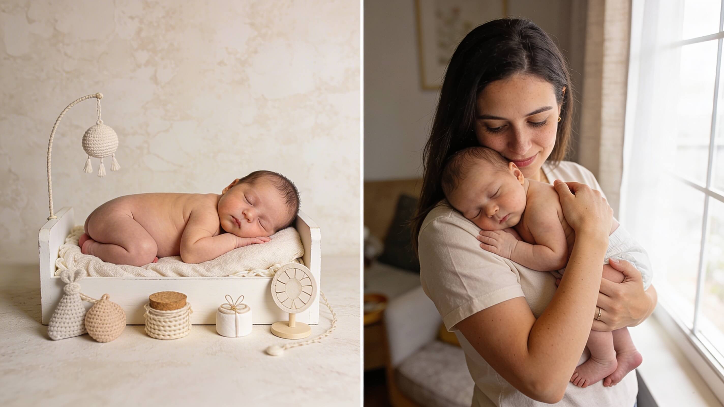 Neugeborenenfotografie im Vergleich: links artistisches Studio-Posing eines schlafenden Neugeborenen in einem weißen Korb mit Accessoires, rechts ein natürliches Lifestyle-Foto einer Mama, die ihr Baby zärtlich nahe am Fenster hält