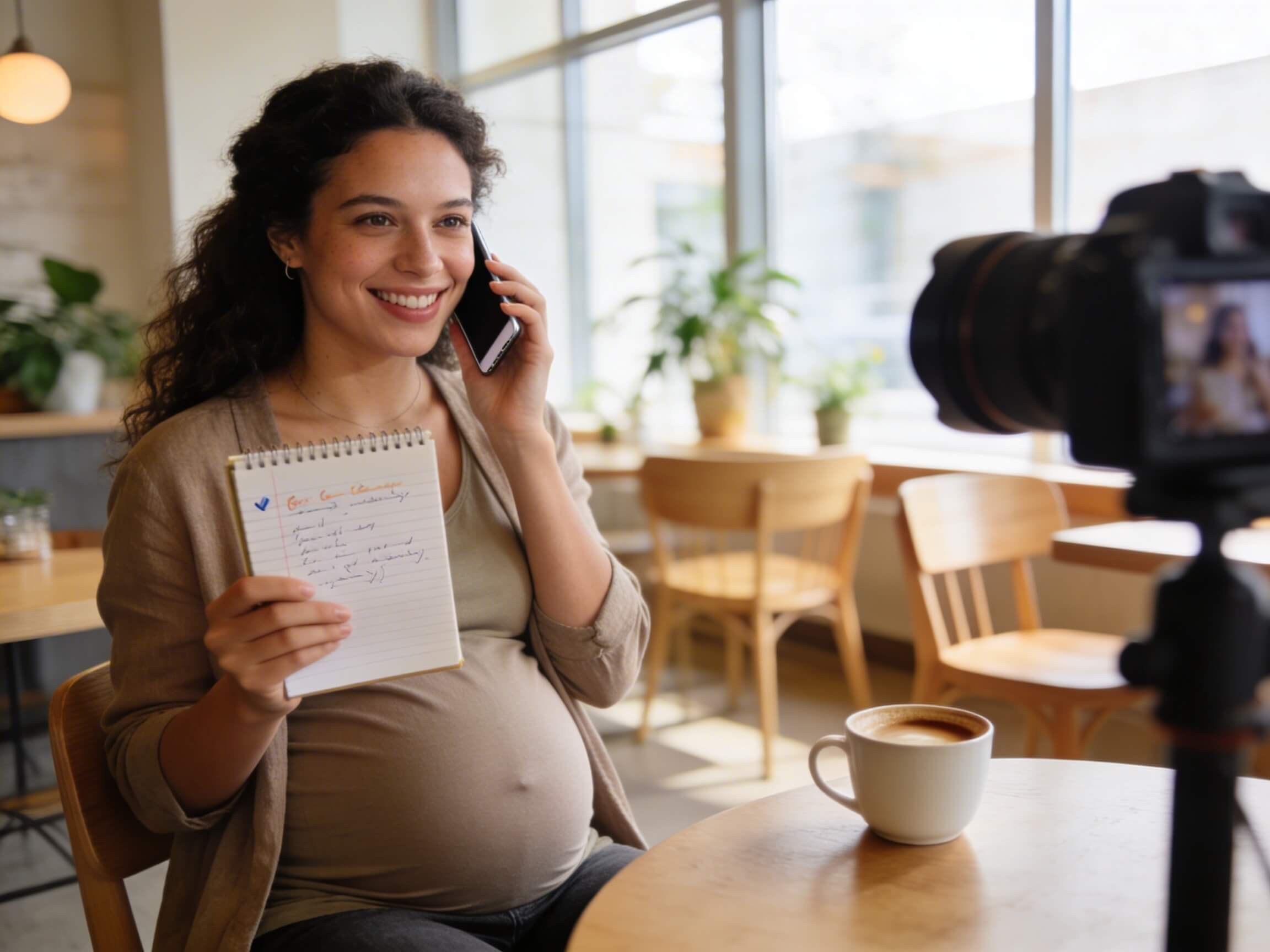 Lächelnde schwangere Frau telefoniert mit einem Notizbuch in der Hand, was die Vorbereitung der Fragenliste vor der Buchung einer Baby-Fotosession veranschaulicht
