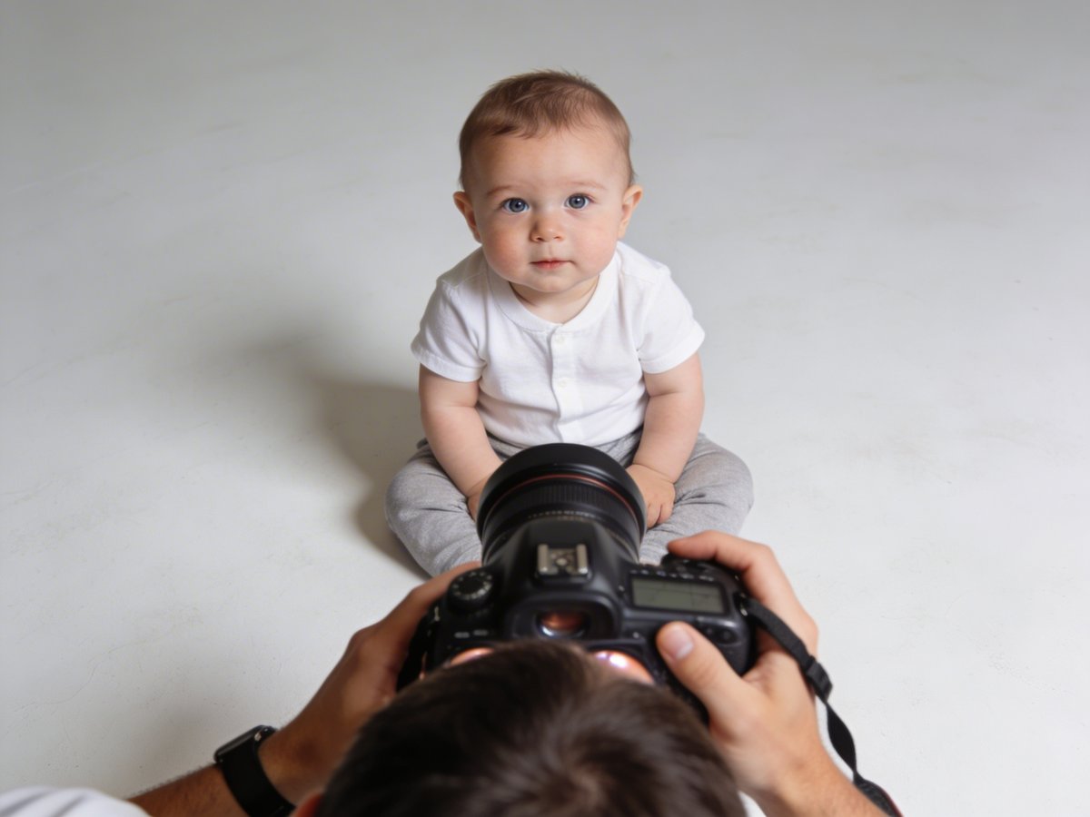 Fotograf auf Augenhöhe des Babys für eine optimale Bildkomposition