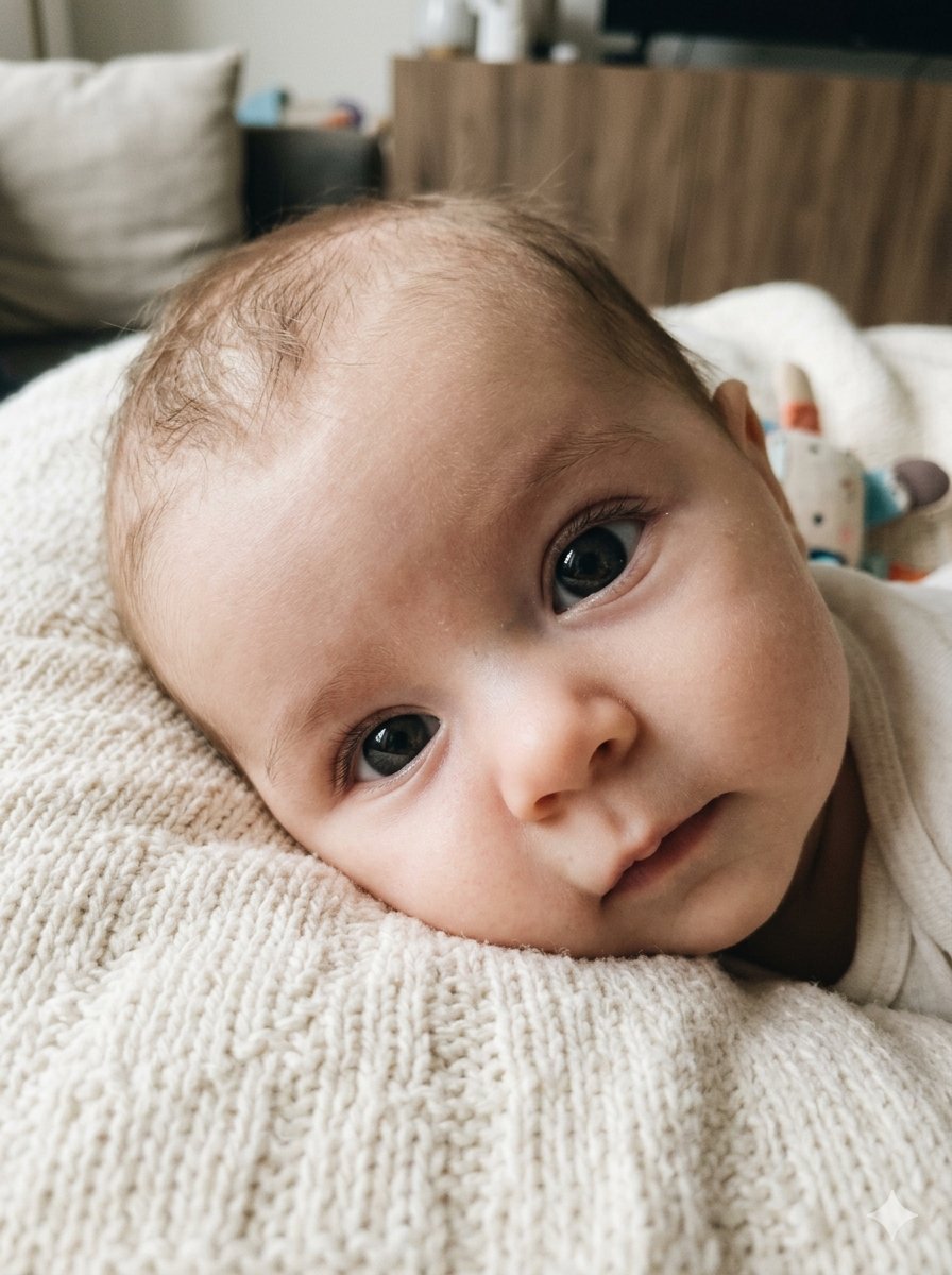 3 Monate altes Baby wach auf dem Bauch, hebt mutig den Kopf beim Lifestyle-Fotoshooting