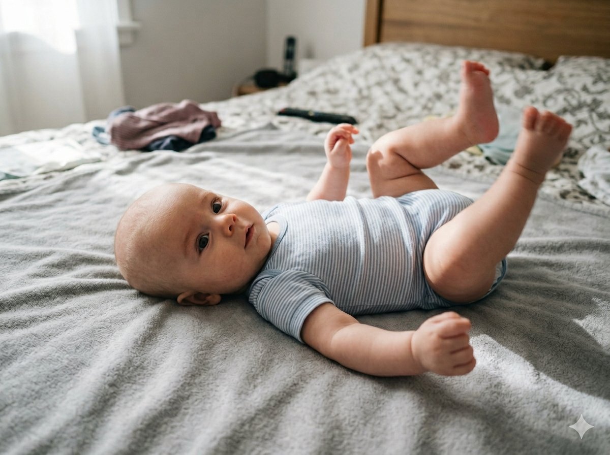 Nahaufnahme des ausdrucksstarken Blicks eines wachen 3 Monate alten Babys während eines Fotoshootings