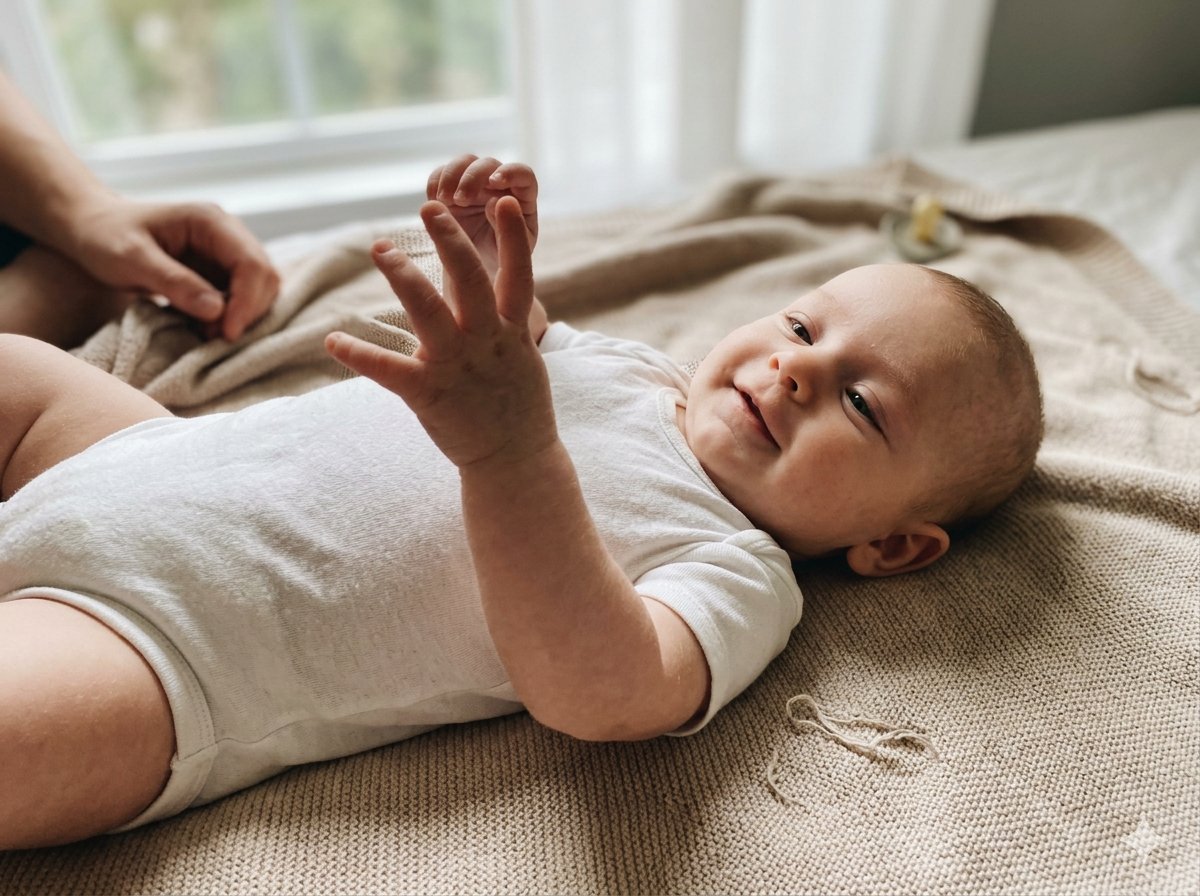 Baby mit 3 Monaten lächelt beim Fotoshooting im Studio mit sanftem natürlichem Licht