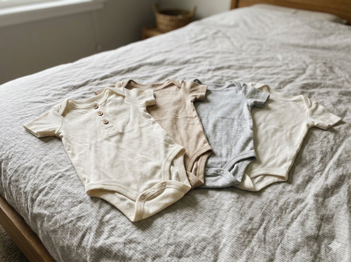 Auswahl einfacher und neutraler Outfits für ein Babyfotoshooting mit 3 Monaten, auf einem Tisch ausgelegt
