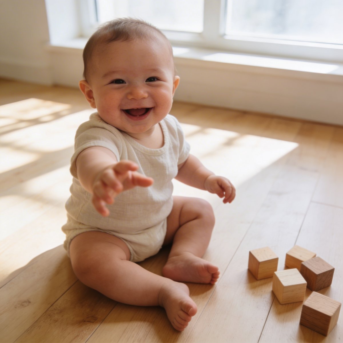 6–9 Monate altes Baby, das selbstständig sitzt und mit einem breiten Lächeln beim Babyfotoshooting zu sehen ist