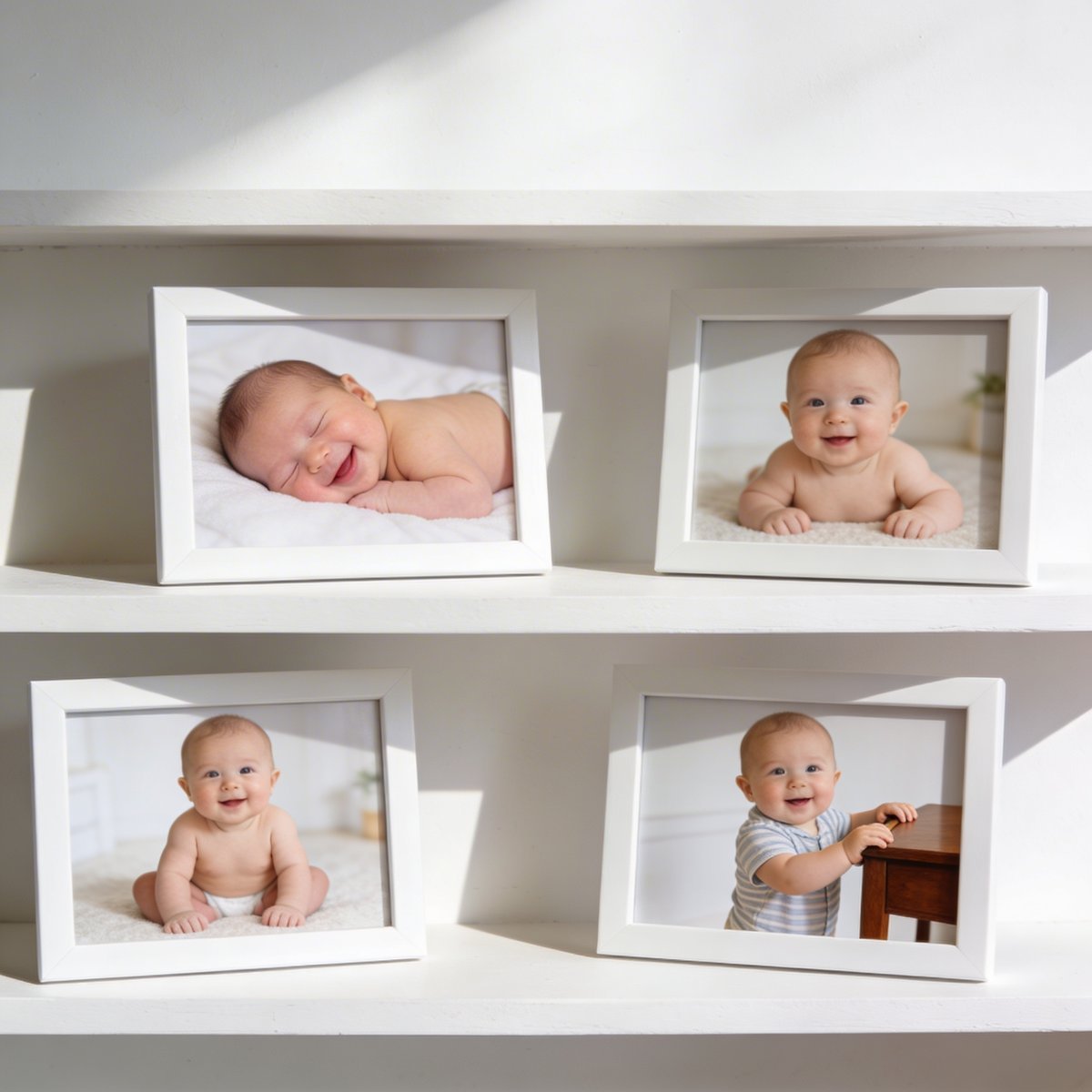 Illustrierter Kalender der verschiedenen Altersstufen für ein Babyfotoshooting von 0 bis 12 Monaten