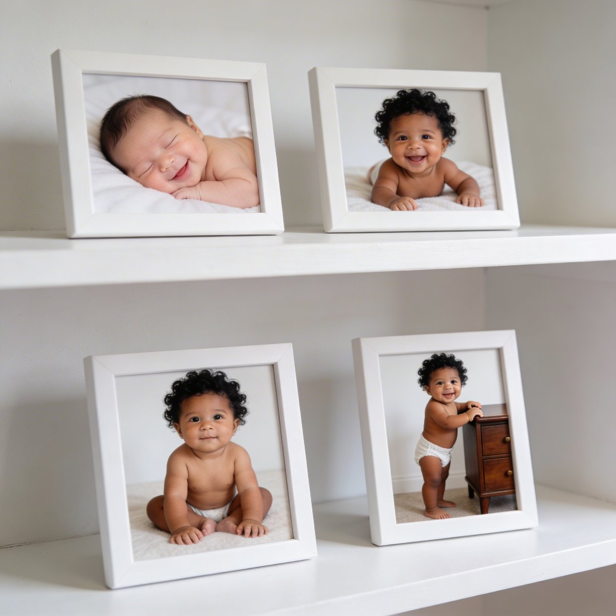 Sammlung von Fotos, die die Entwicklung eines Babys von 0 bis 12 Monaten durch verschiedene Shootings zeigt