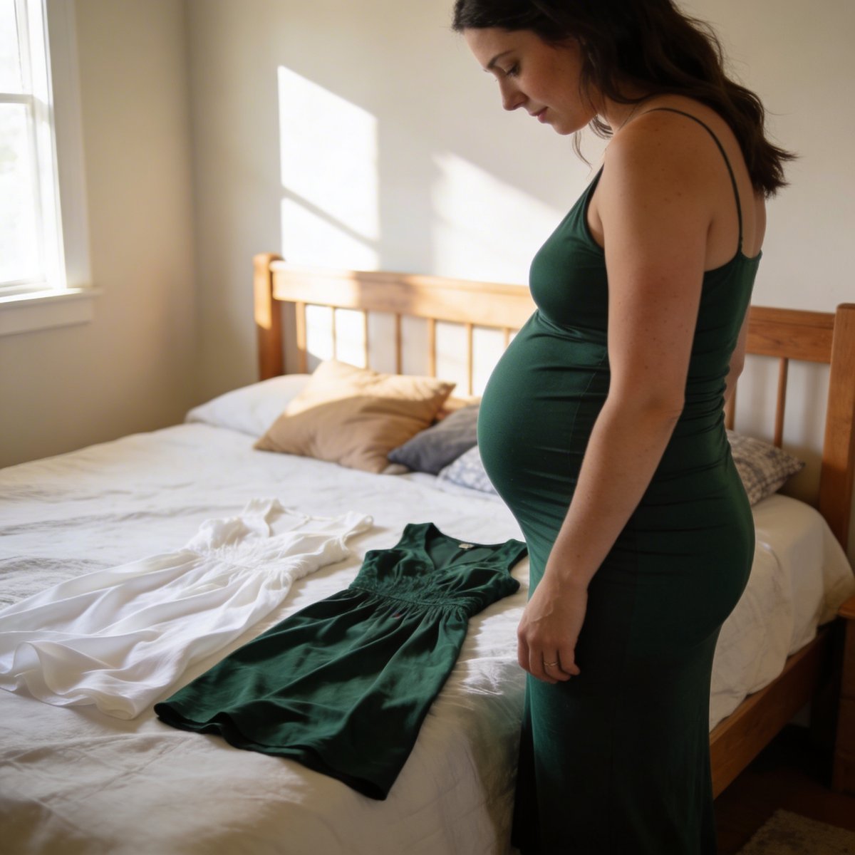 Werdende Mutter bereitet ihr Schwangerschafts-Shooting mit Outfits und Accessoires vor